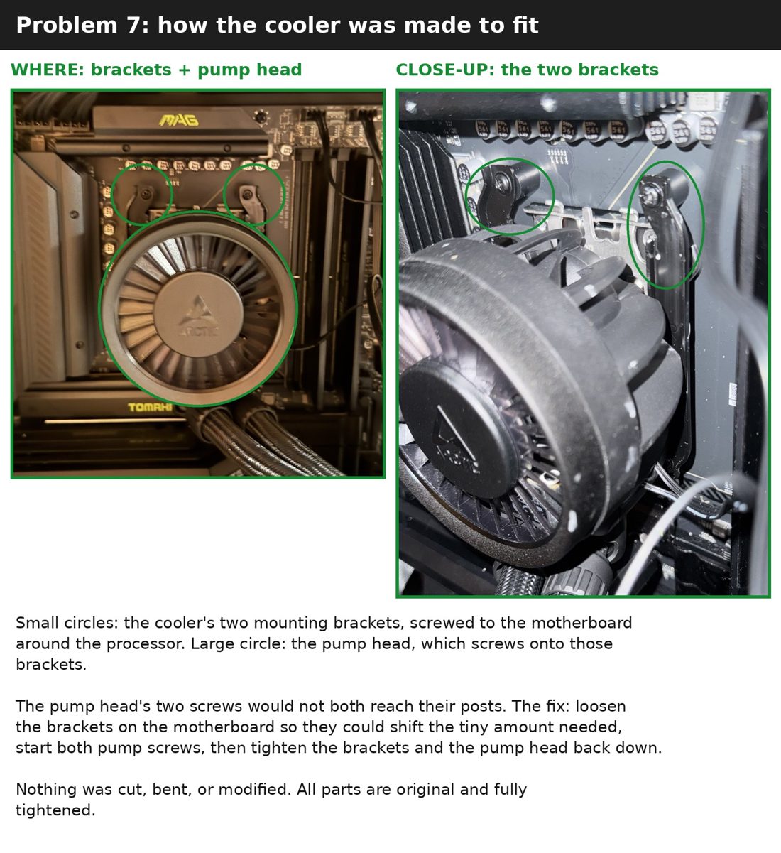 Report page: annotated photos of the corrected cooler mount